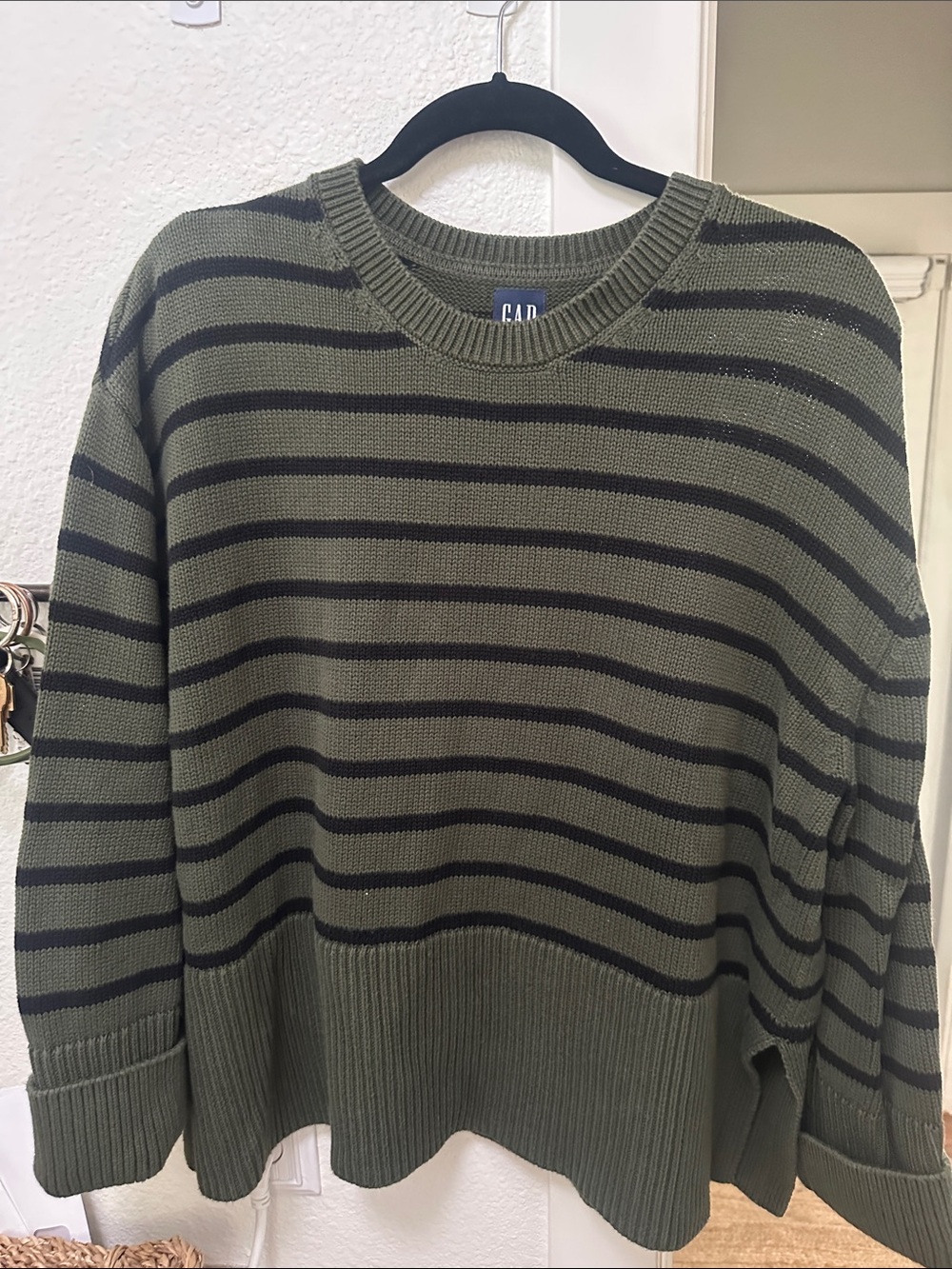 GAP Olive Green Crewneck Sweater with Navy Stripes size M